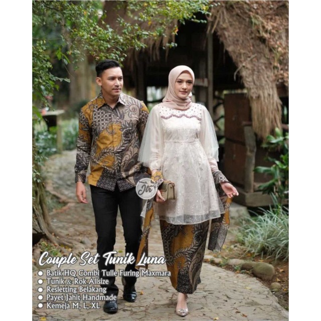 JTR COUPLE BATIK SET TUNIK LUNA KEBAYA BATIK SARIMBIT PASANGAN WARNA CREAM LATTE KEMEJA COKLAT KUNIN