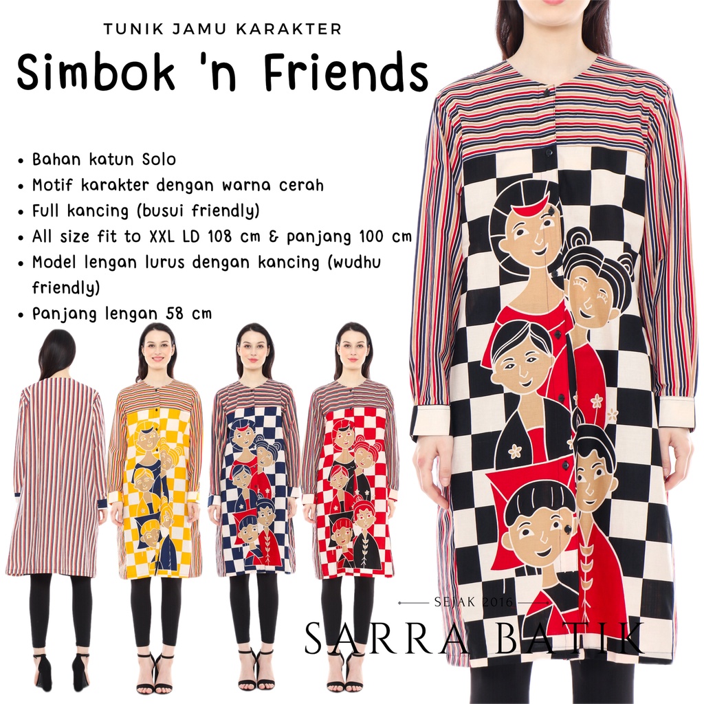 [PREMIUM] Tunik Jamu Karakter Simbok N Friends Batik Salur Catur Dress Batik Midi Modern Lengan Panjang Busui