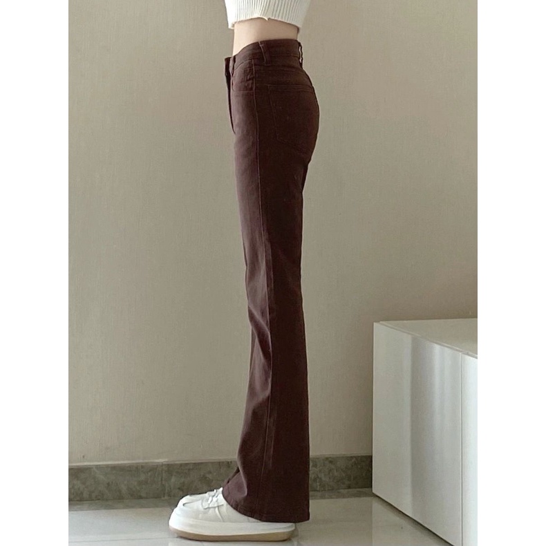 Coklat korean high waist celana jeans wanita