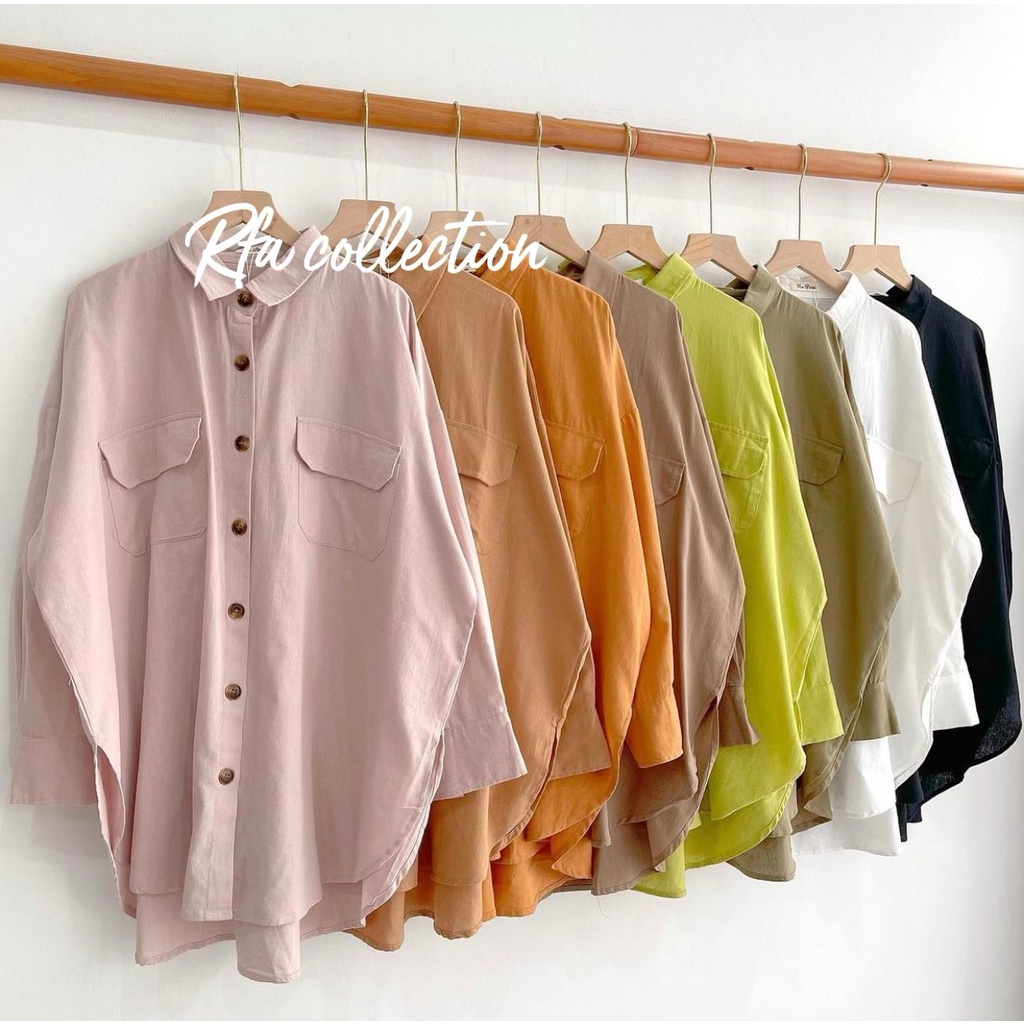 Kemeja OVAL Polos Linen Wanita Kerah Lengan Panjang LD 110 Full Kancing Hidup Jumbo Oversized OOTD Remaja Dewasa Kekinian 2022