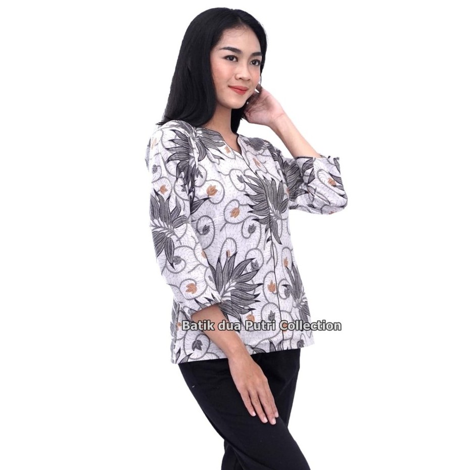 Atasan Blouse Batik Wanita Lengan 7/8 Warna Abu By Batik Dua Putri Collection