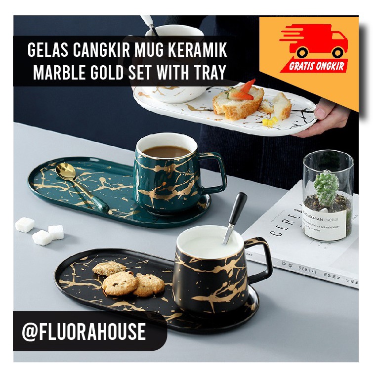 Gelas Cangkir Mug Keramik Marble Gold Set with Tray - Hitam