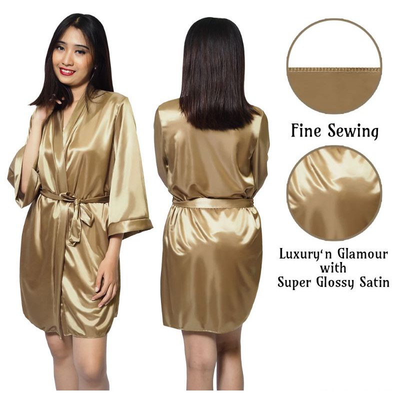 Kimono wanita sexy Outer pendek baju tidur satin gold 1248GKIM