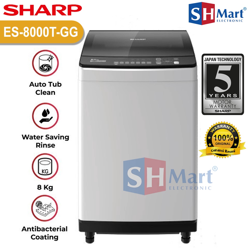 MESIN CUCI SHARP 1 TABUNG 8 KG ES-8000T-GG TOP LOADING SHARP 8 KG MEGAMOUTH 1.4 GARANSI RESMI