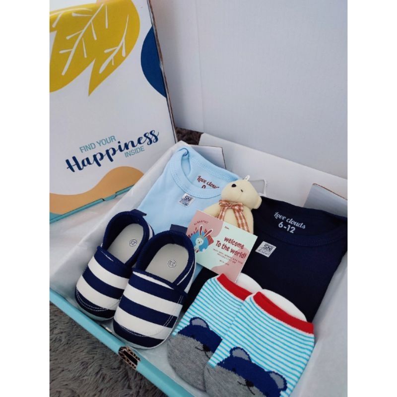 (4 IN 1 BABY BOY GIRL) HAMPERS KADO LAHIRAN BAYI GIFT BOX SEPATU BAJU JUMPER KUPLUK KAOS KAKI SEPATU FLATSHOES BONEKA MURAH MERIAH HADIAH LAHIRAN-Double navy biru