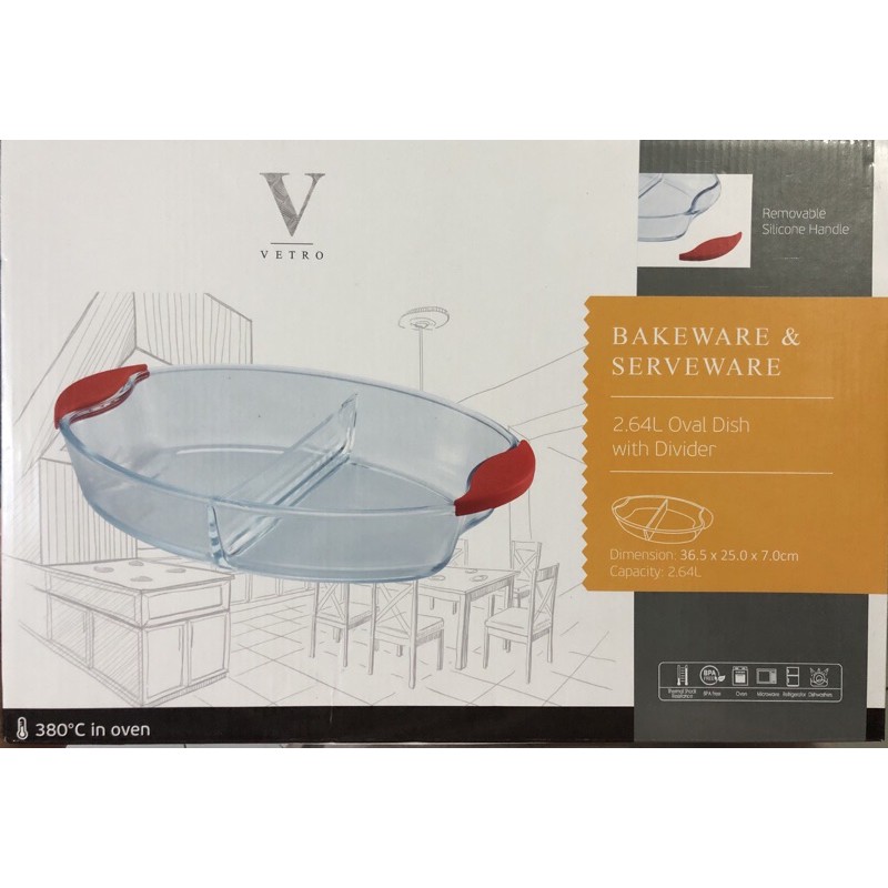Vetro Bakeware & Serveware 2,64L Oval Dish with Divider & Silicone Handle