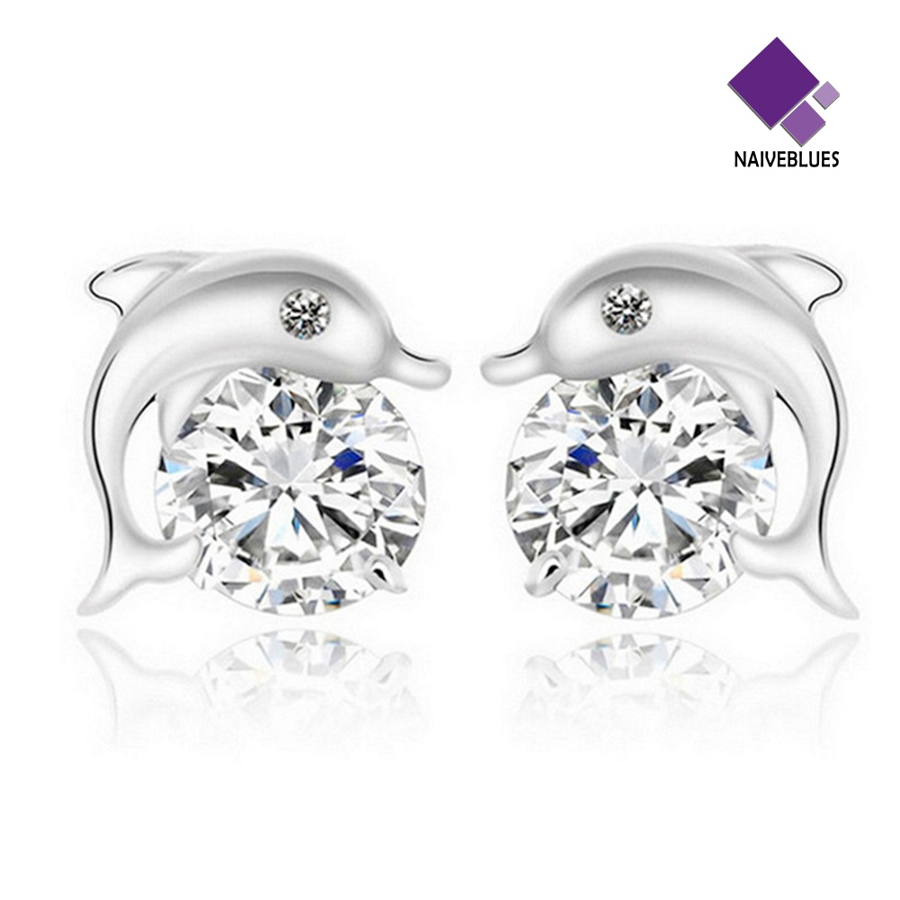 Anting Stud Bentuk Lumba-Lumba Lapis Silver Untuk Wanita