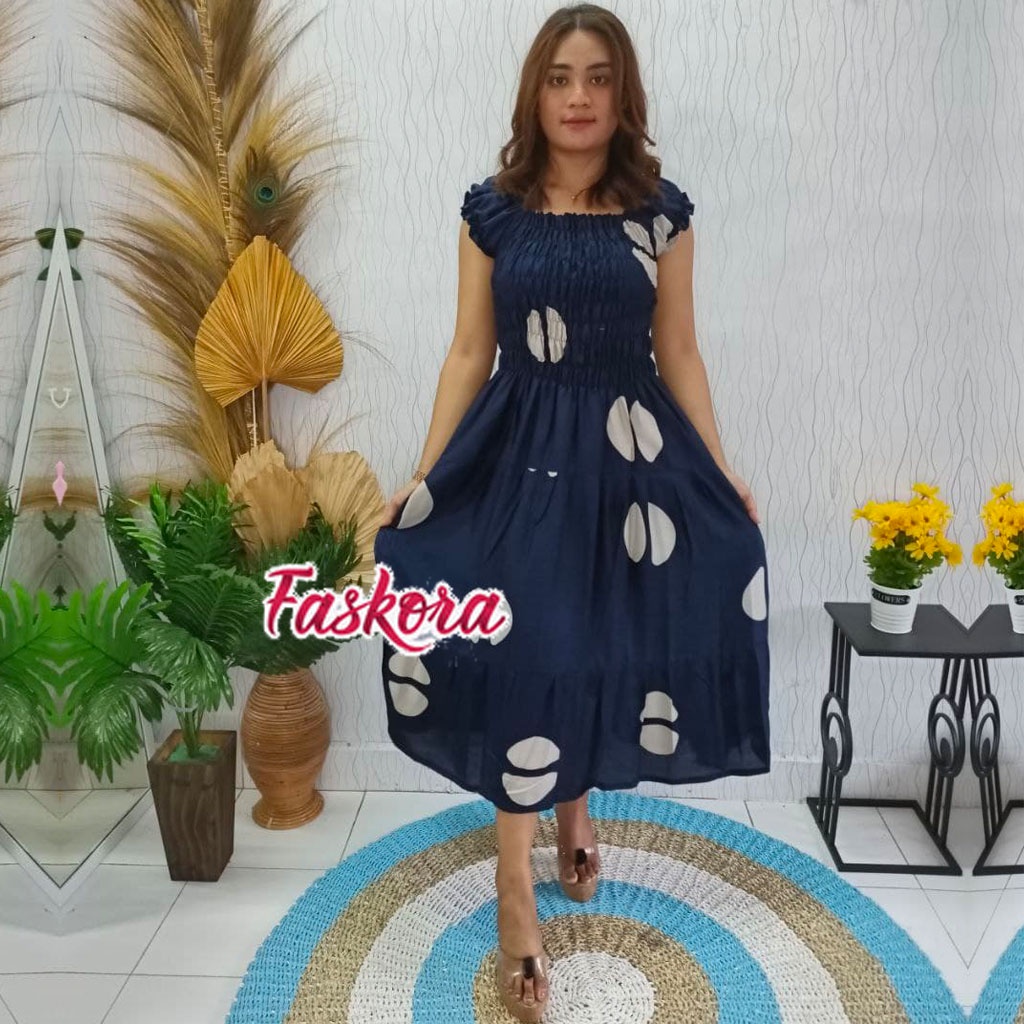 Dress Wanita Kerut Dada Bali Panjang Sabrina Rayon Jumbo Lengan Pendek Motif Kopi