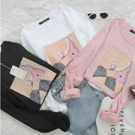 COD BAJU KAOS TANGAN LENGAN PANJANG SEPATU FASHION WANITA HIJAB OTD TSHIRT CONVERSE JUMBO OVERSIZE
