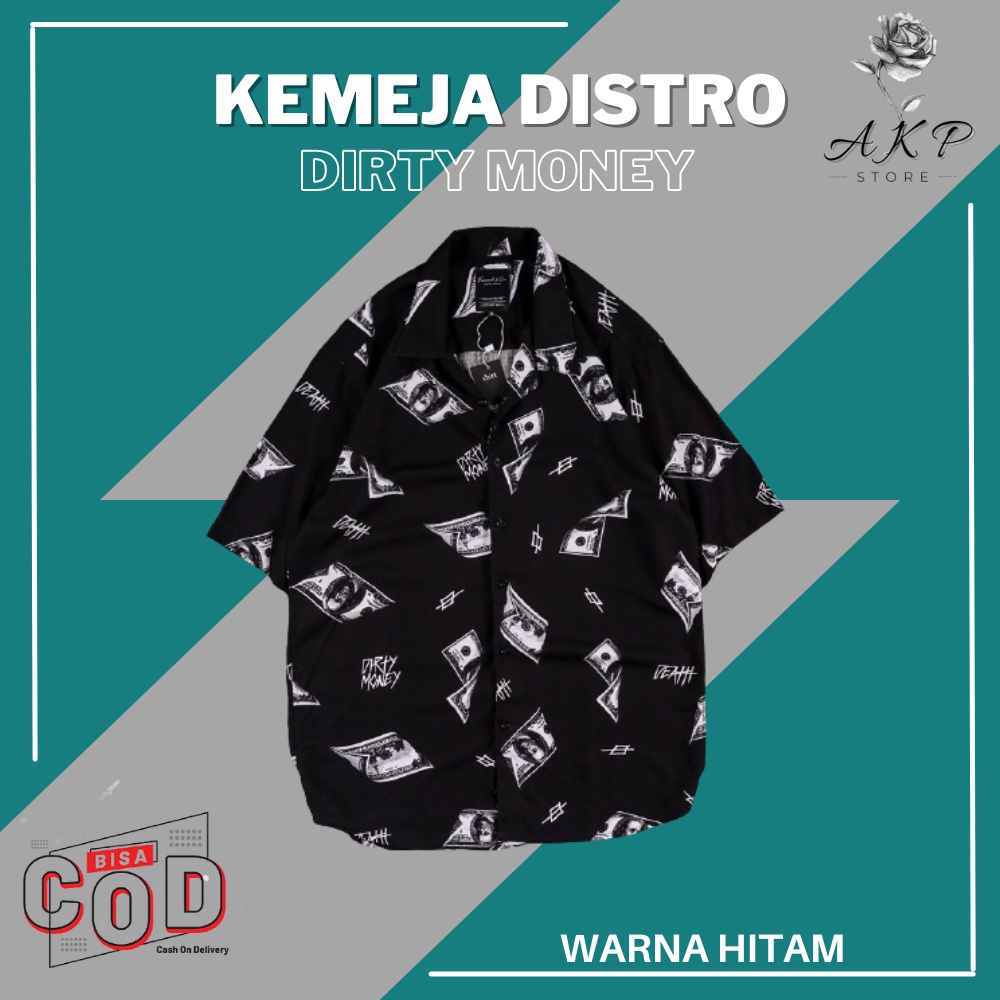 BAJU KEMEJA KAMEJA KMEJA HEM MOTIF DISTRO DIRTY MONEY SURFING PRINT FULL PRINT PRIA COWOK COWO LENGA