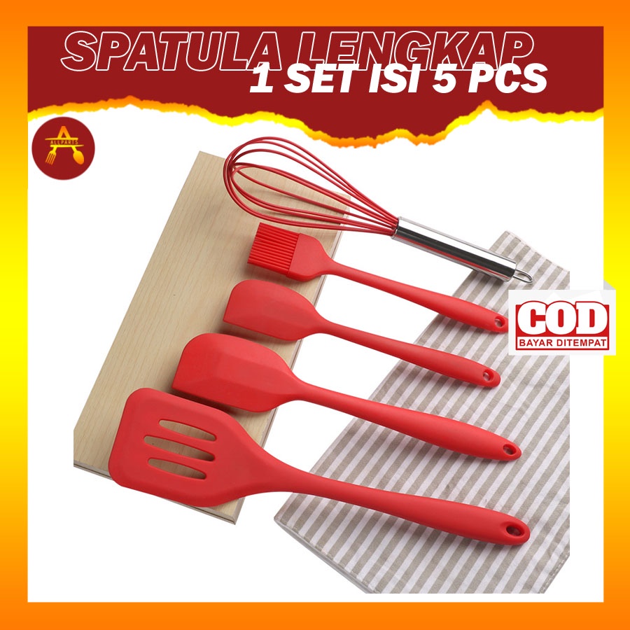 1 SET SPATULA 5 IN 1 PERLENGKAPAN MASAK SET SPATULA SILICON SET TAHAN PANAS SPATULA SILIKON PERALATAN MASAK LENGKAP