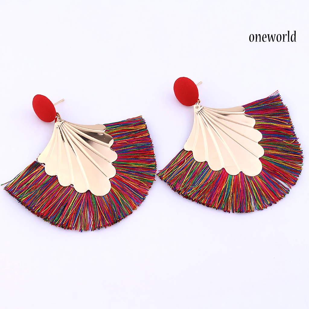 OW@ 1 Pair Women Creative Bohemia Fringed Fan Shape Dangle Earrings Jewelry Gift for Party