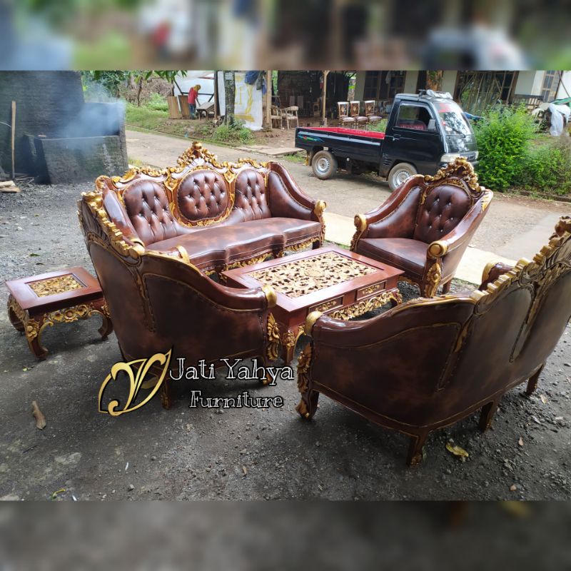 Kursi tamu jati ganesha jumbo tangan 12cm 3211 meja ketapang + meja kecil lengkap kaca