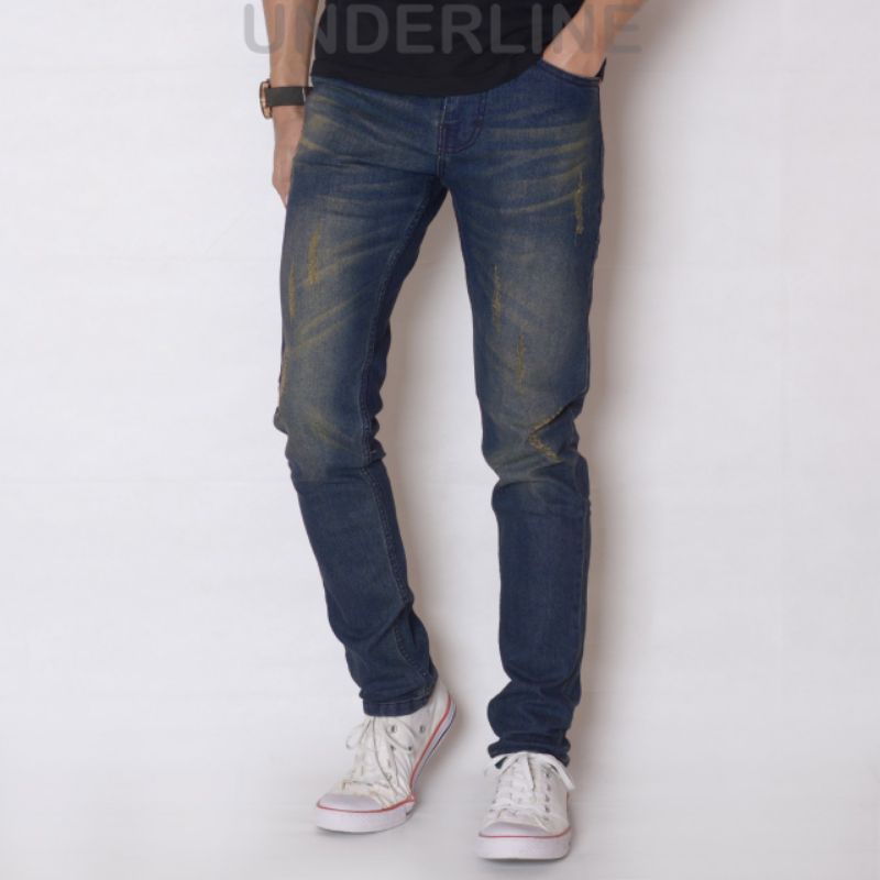 Celana jeans pria sobek furring tidak tembus , jeans denim sandwosh underline