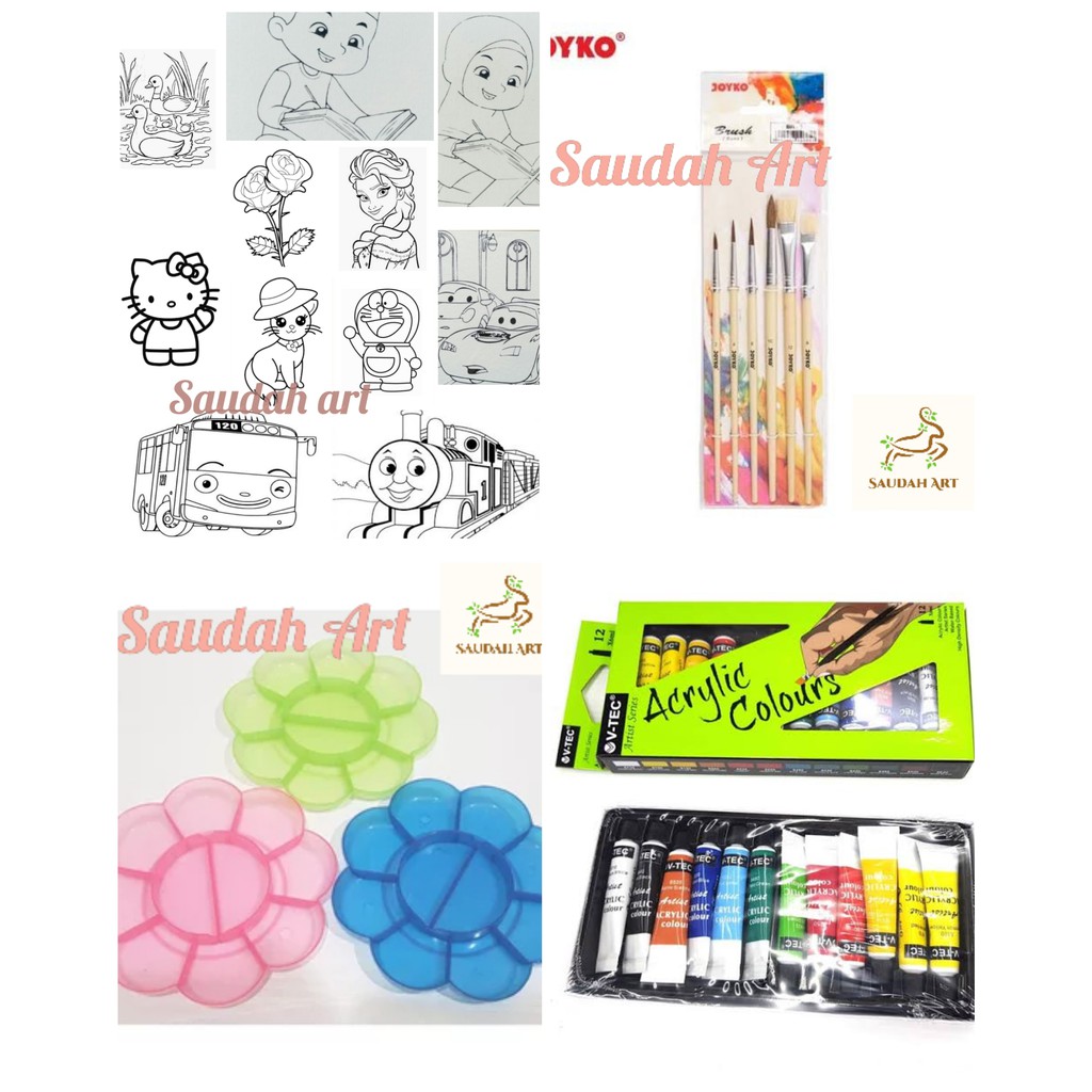 Paket kanvas Lukis Sketsa 20x20 (kanvas sketsa,kuas,palet,cat akrilik)