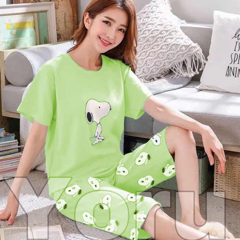 Pamelo.id Stelan C3/4 Baby Doll / Suplier Sleep Wear / Baju Tidur Wanita kaos Katun / Stelan Baju Tidur Murah Produk Terlaris Set HP-C3/4 Snopii Hijau