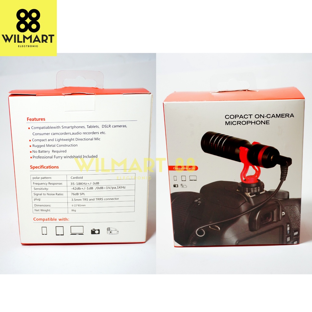 Mikrofon Copact On Camera Microphone | Cocok untuk HP, Tablet, DSLR Camera, Camcorder, Audio Recorder , Pouch, AUX, Mirrorless Microphone