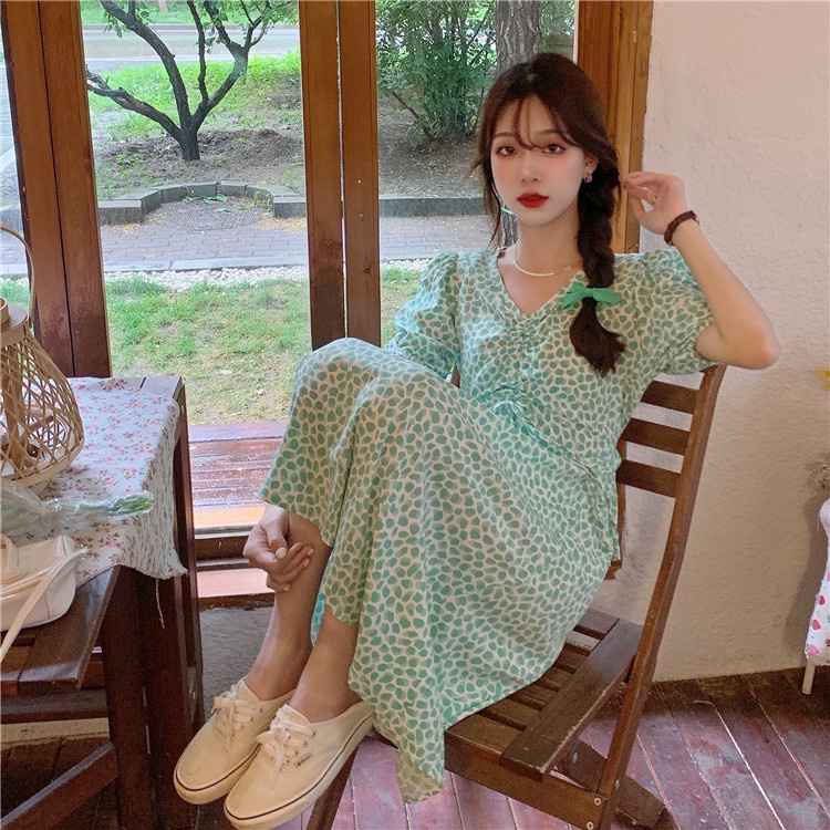 pakaian wanita korea COD Fashion New 2022 daster kerut dada Korean Style dress Blue Green Floral Lace-up Waist Short Sleeve Drawstring V Neck Midi dress biru for Women Summer A-Line tunik Casual Dresses biru  dress wanita 2023 korea