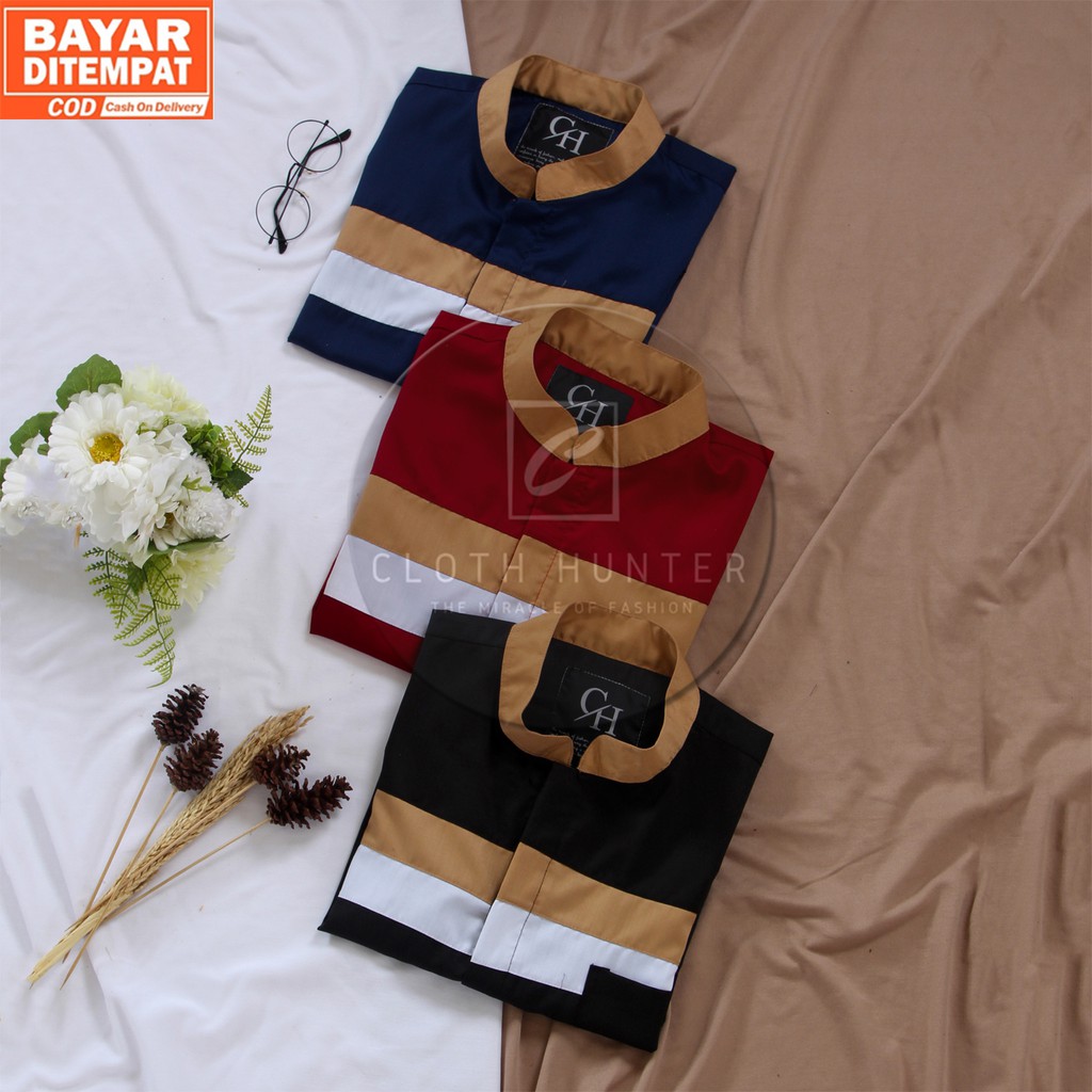 Baju Koko Qahtan Pria Dewasa Lengan Pendek Bahan Toyobo Warna Hitam Polos