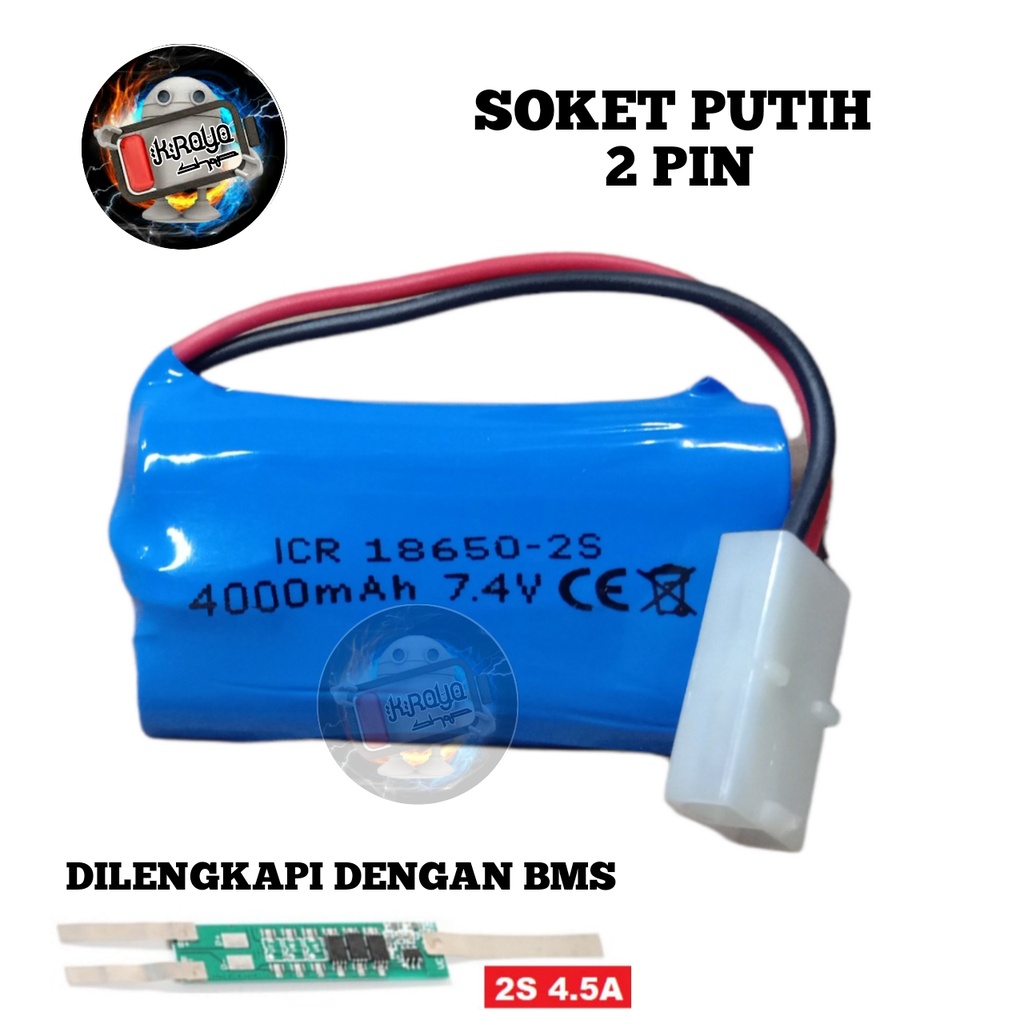 Baterai RC/ Batrai Speaker Bluethooth &amp; Elektronik Lainnya 2x 18650-2S 4000mAh 7.4V Protektor BMS 4.5A Soket Putih 2 Pin