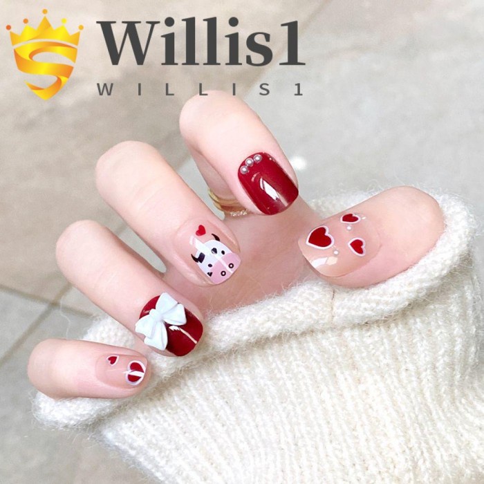 Willis1 Kuku Palsu Pendek Motif Kartun Beruang / Kotak-Kotak Gaya