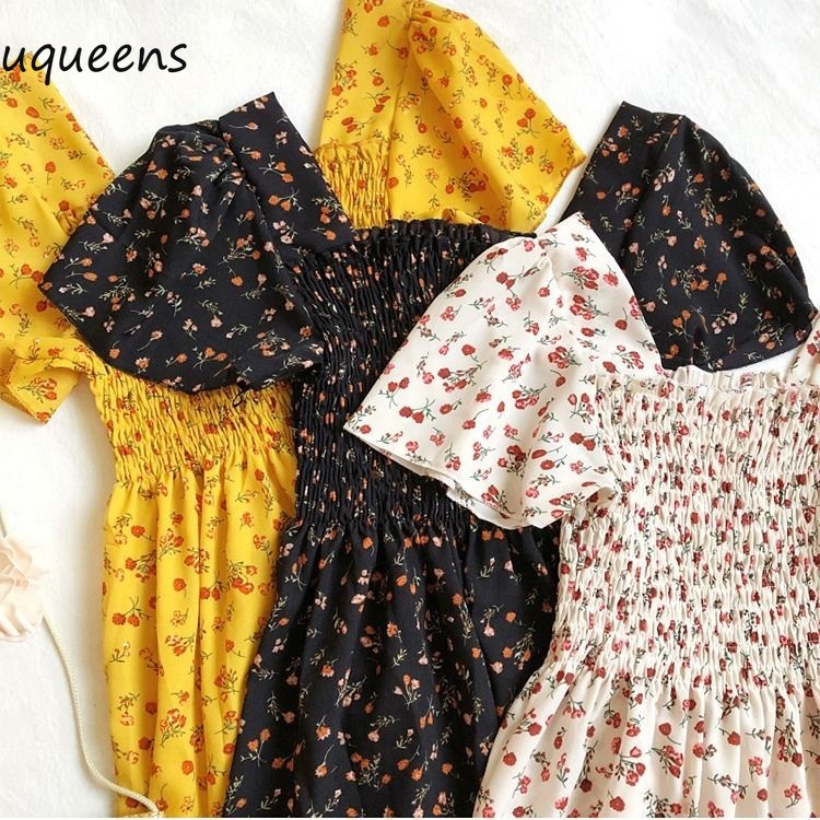 ready stock smocked raffle dress bunga panjang dengan lengan pendek