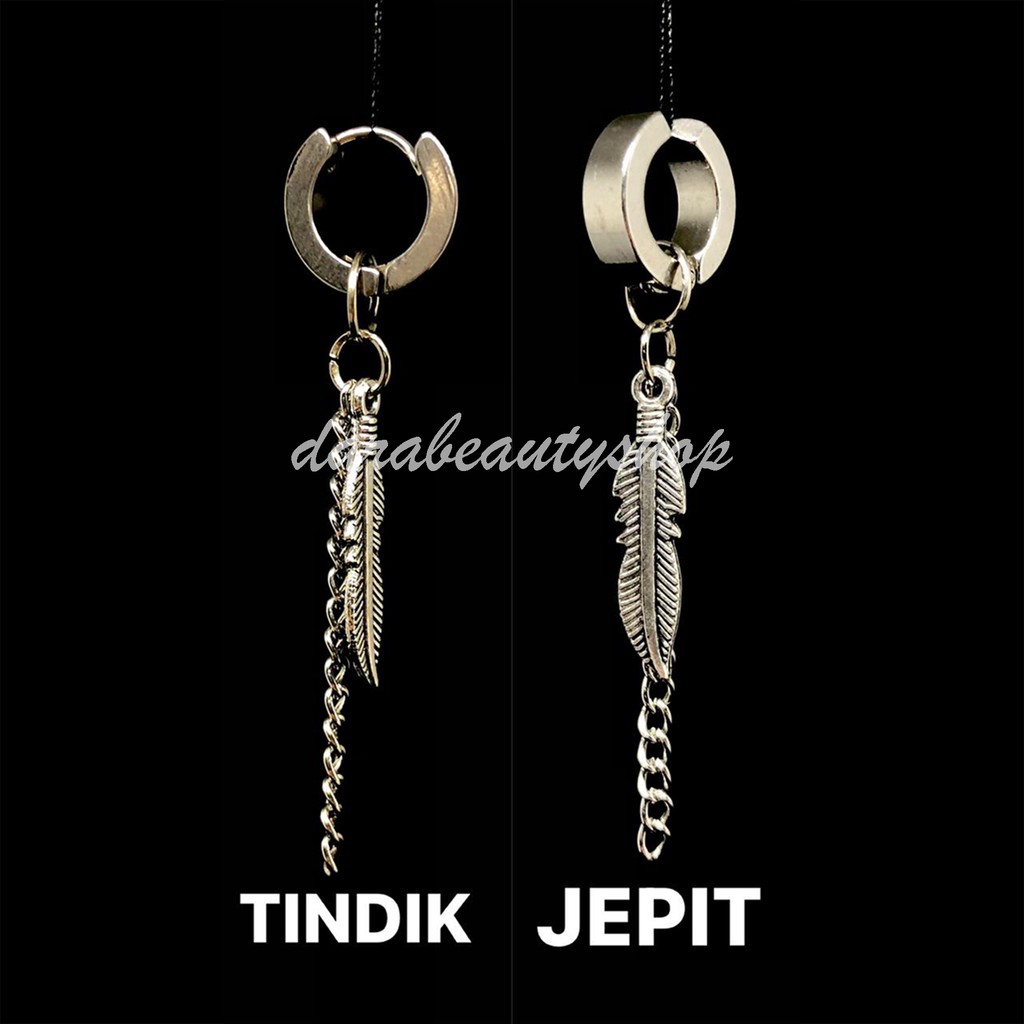 [COD] Anting Tindik/Jepit TITANIUM Model BTS JIMIN Bandul Rantai dan Bulu Fashion Korea KPOP DARA1