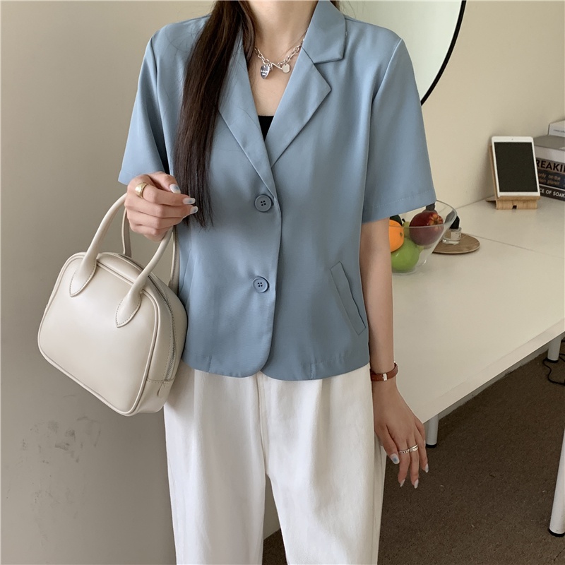 [chaoo.id]Blazer Wanita korean style Lengan Pendek Warna Polos Jaket Potongan Loose