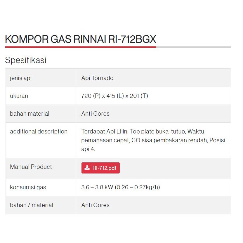 RINNAI KOMPOR GAS 2 TUNGKU RI-712BGX