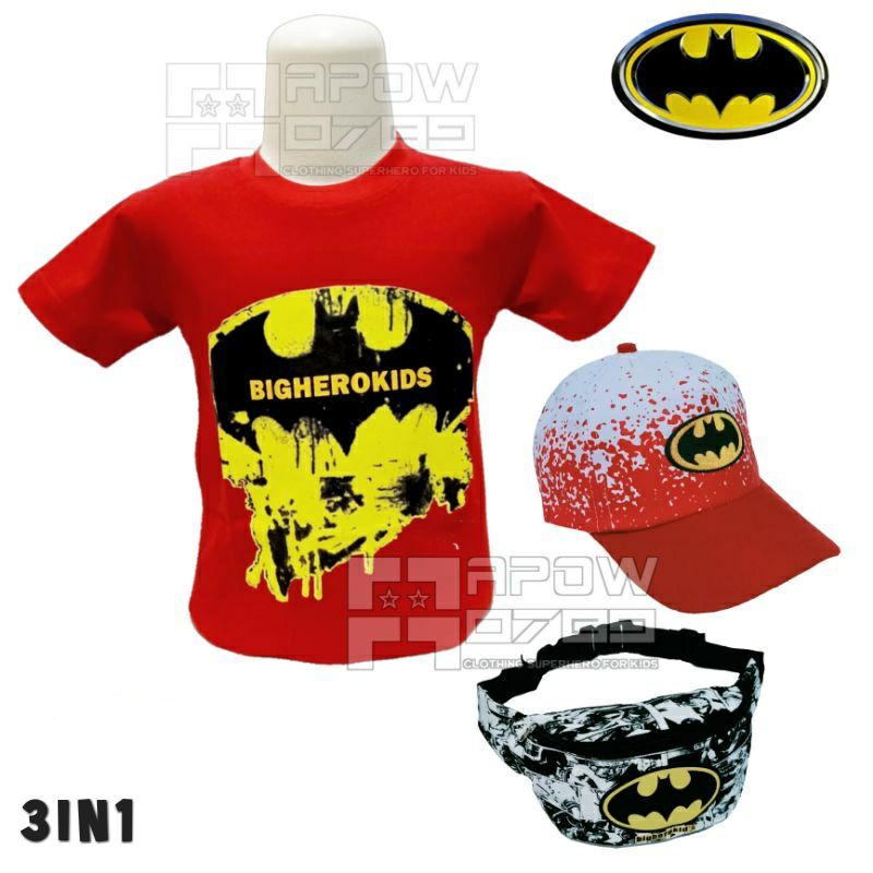 pdf paket 3in1 baju anak laki laki usia 1-10 tahun tas selempang anak topi anak laki laki motif batman baju kaos anak atasan anak laki