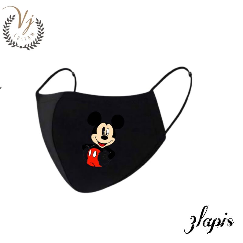 Masker Kain 3 Lapis Logo MICKEY MOUSE 3ply Hitam 4D PRIA / WANITA / EARLOOP / HEADLOP / EVO