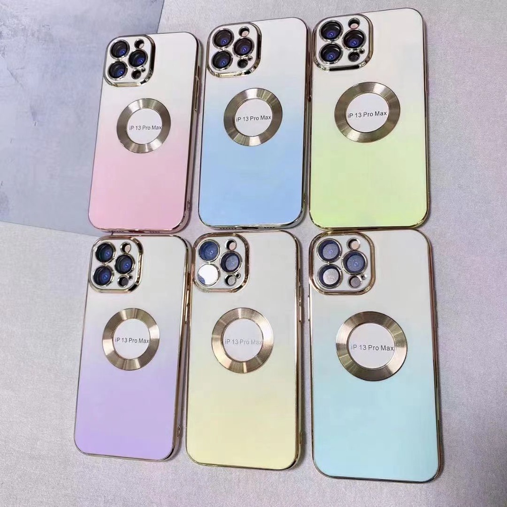 RAINBOW CASE IPHONE 13 PROMAX 13 12 PRO 12 12 PROMAX SQUARE EDGE CHROME WITH HOLE LOGO ELECTROPLATING + PELINDUNG LENSA KAMERA GLASS