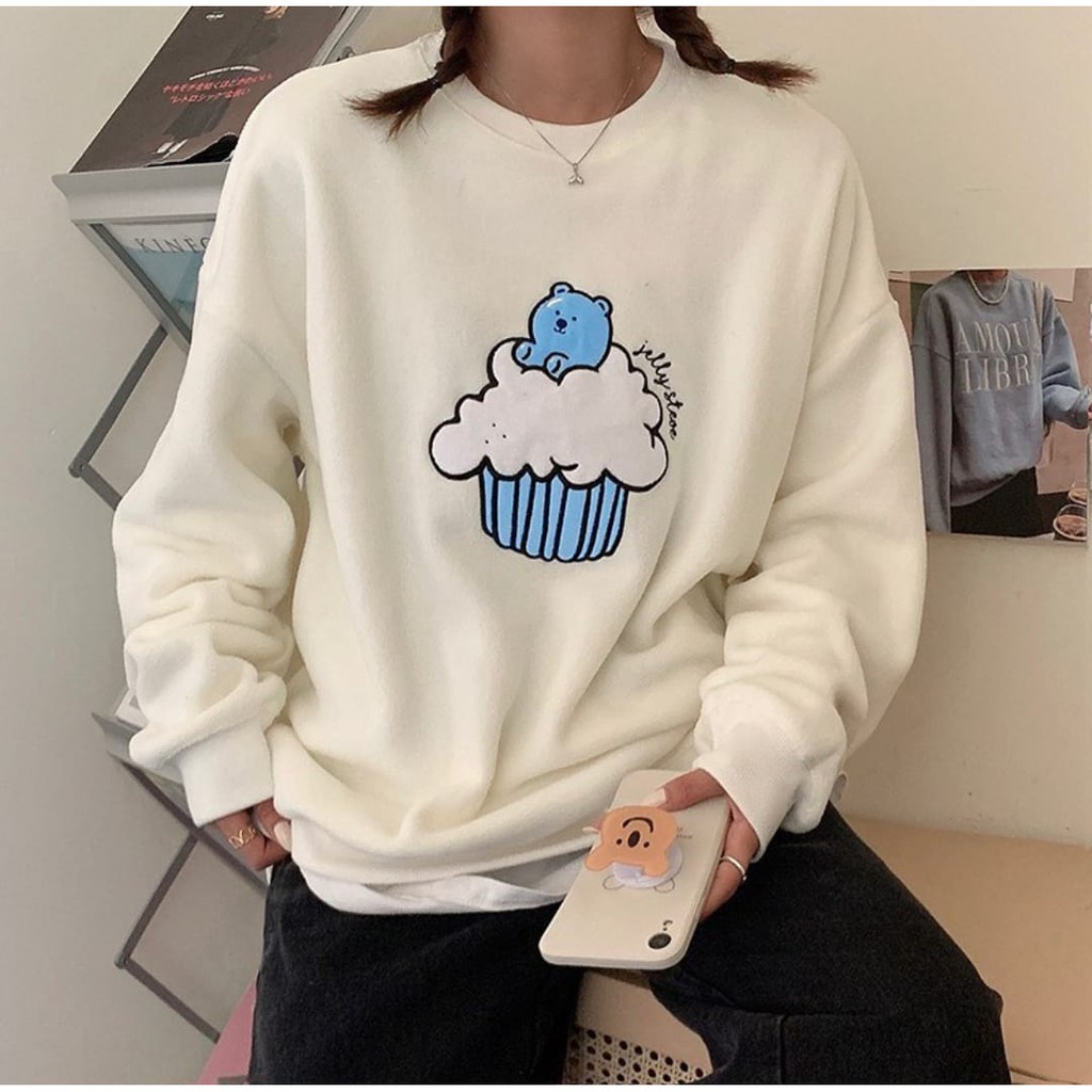 SWEATER OVERSIZE WANITA CUPCAKE BEAR BLUE PRIA WANITA  SWITER MURAH SWWEATER CREWNECK