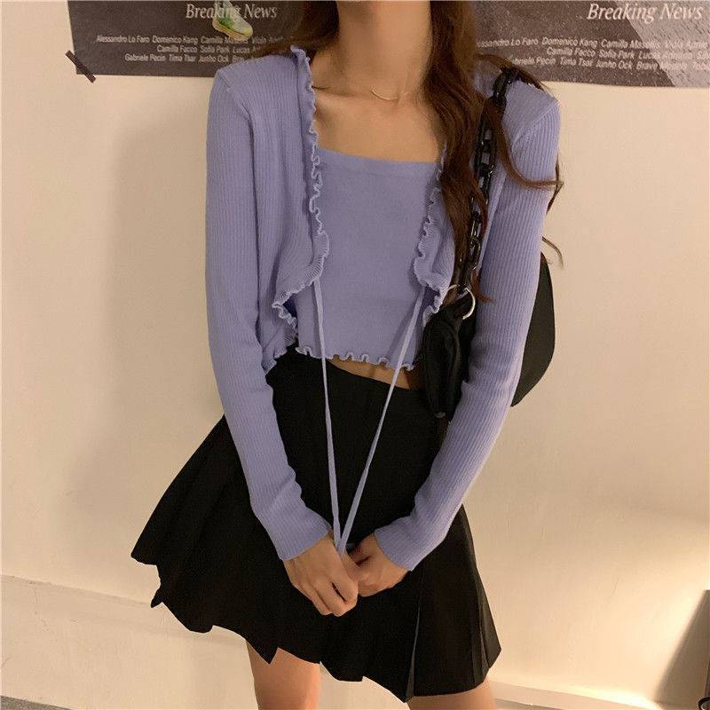 #Sisjuly# Kayu Tipis Telinga Palsu Dua Potong Lengan Panjang Sweater Wanita Musim Semi dan Musim Gugur Gaya Ko