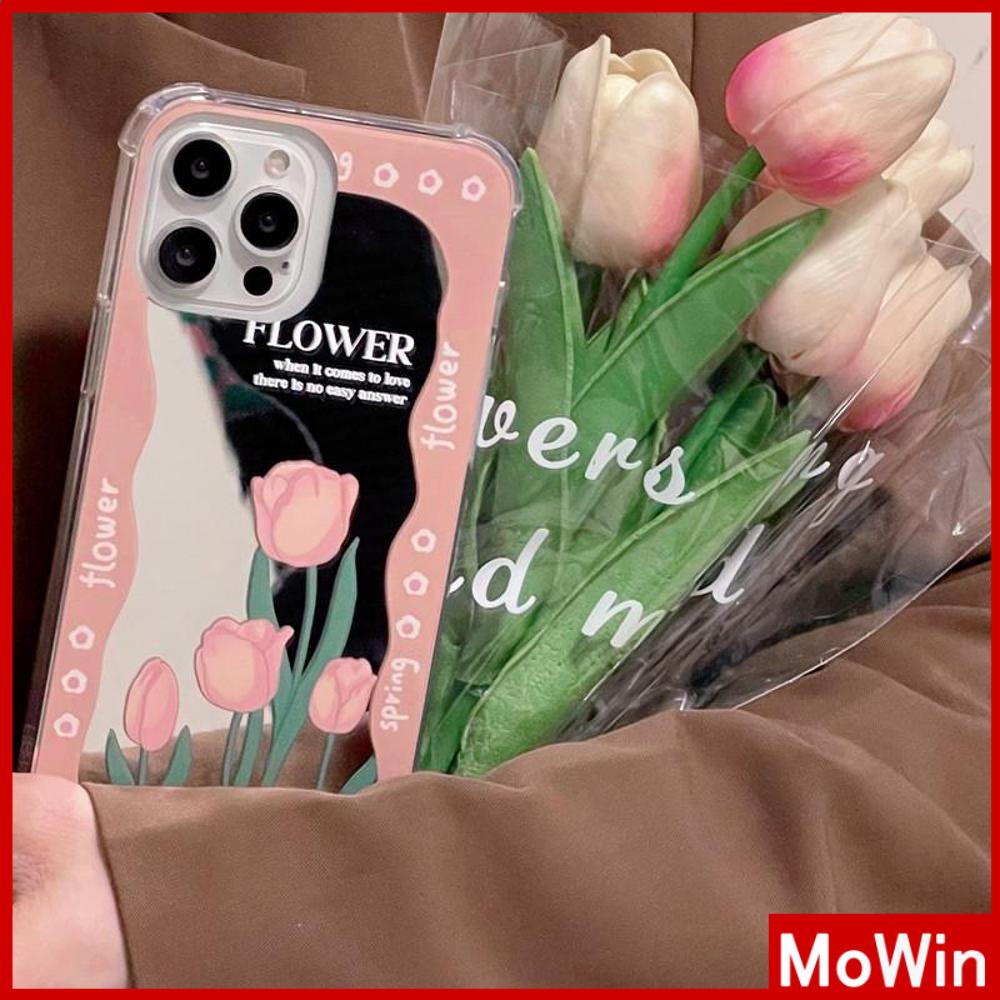 iPhone Case Acrylic HD Mirror Laser Airbag Shockproof Protection Camera Cute Pink Tulip Flower Compatible For iPhone 11 iPhone 13 Pro Max iPhone 12 Pro Max iPhone 7 Plus iPhone xr