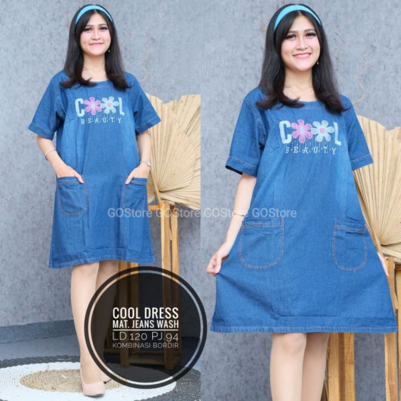 Dress Midi Wanita Jumbo Terbaru | Dress Jeans Wanita Kekinian