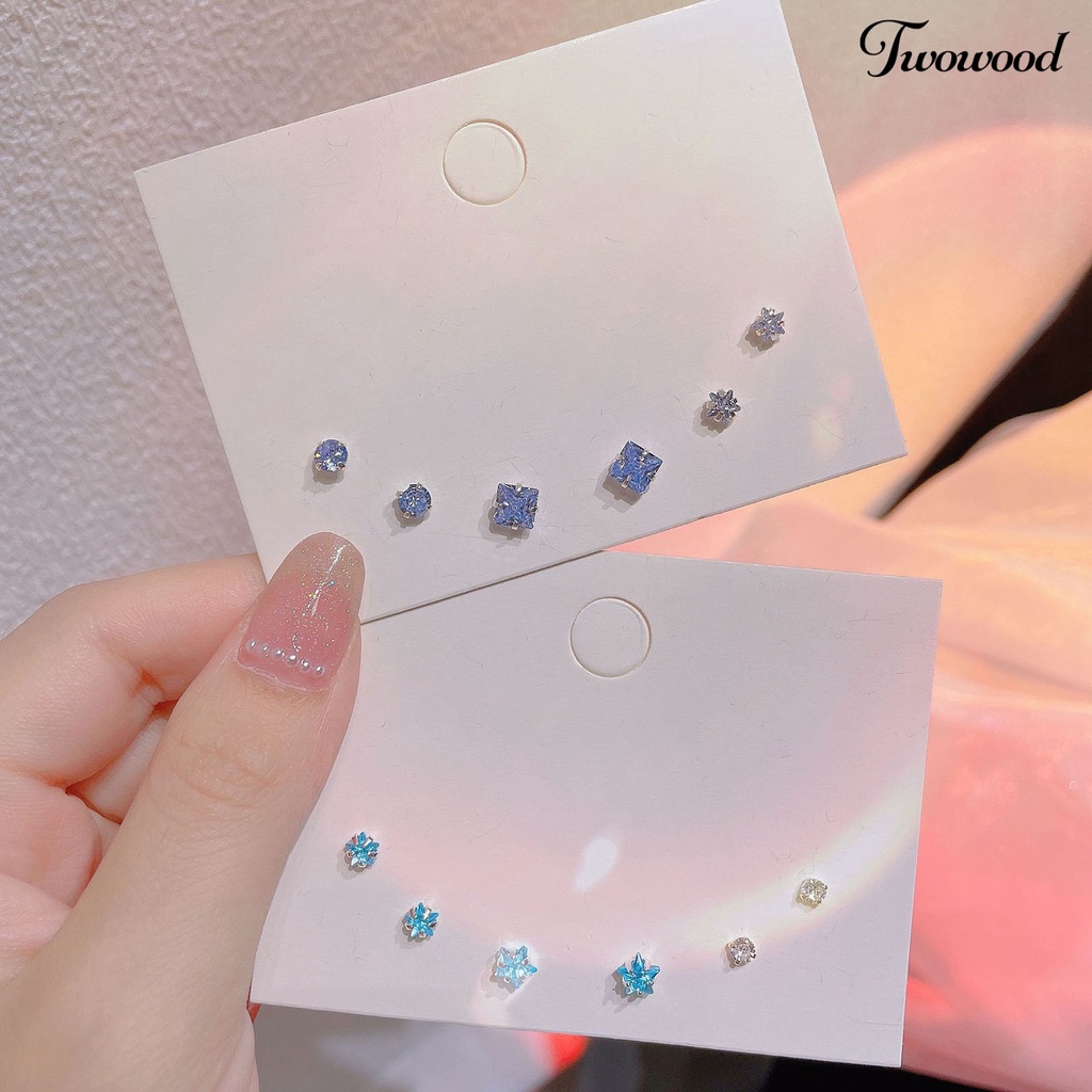 3 Pasang Anting Stud Cubic Zirconia Bentuk Bulat Geometris Bahan Alloy Untuk Wanita