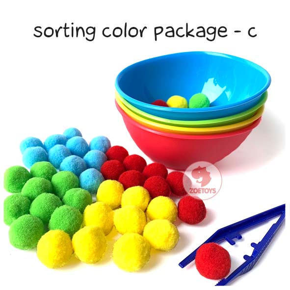 Zoetoys Paket Hemat Motorik Sorting Color Package |  Paket Montessori Mangkok Memisahkan Sorting Warna Pompom Kancing Tweezer Bowl Set