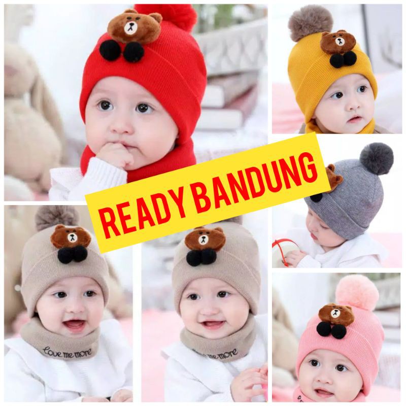 TOPI RAJUT KUPLUK BAYI TELINGA MOTIF BERUANG/ BROWN