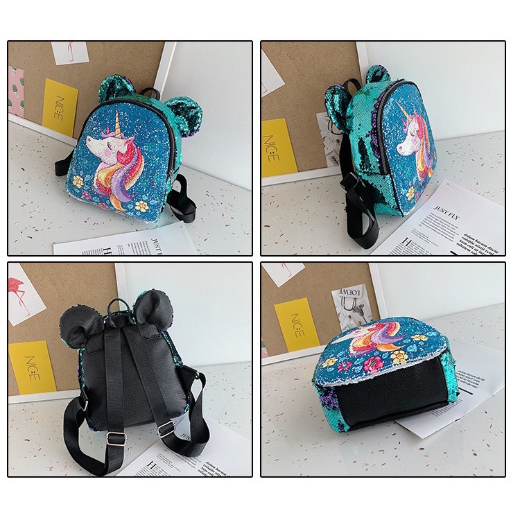 DODORY DDR1400 Tas Ransel Anak Sequin Glitter Karakter Unicorn Telinga Beruang