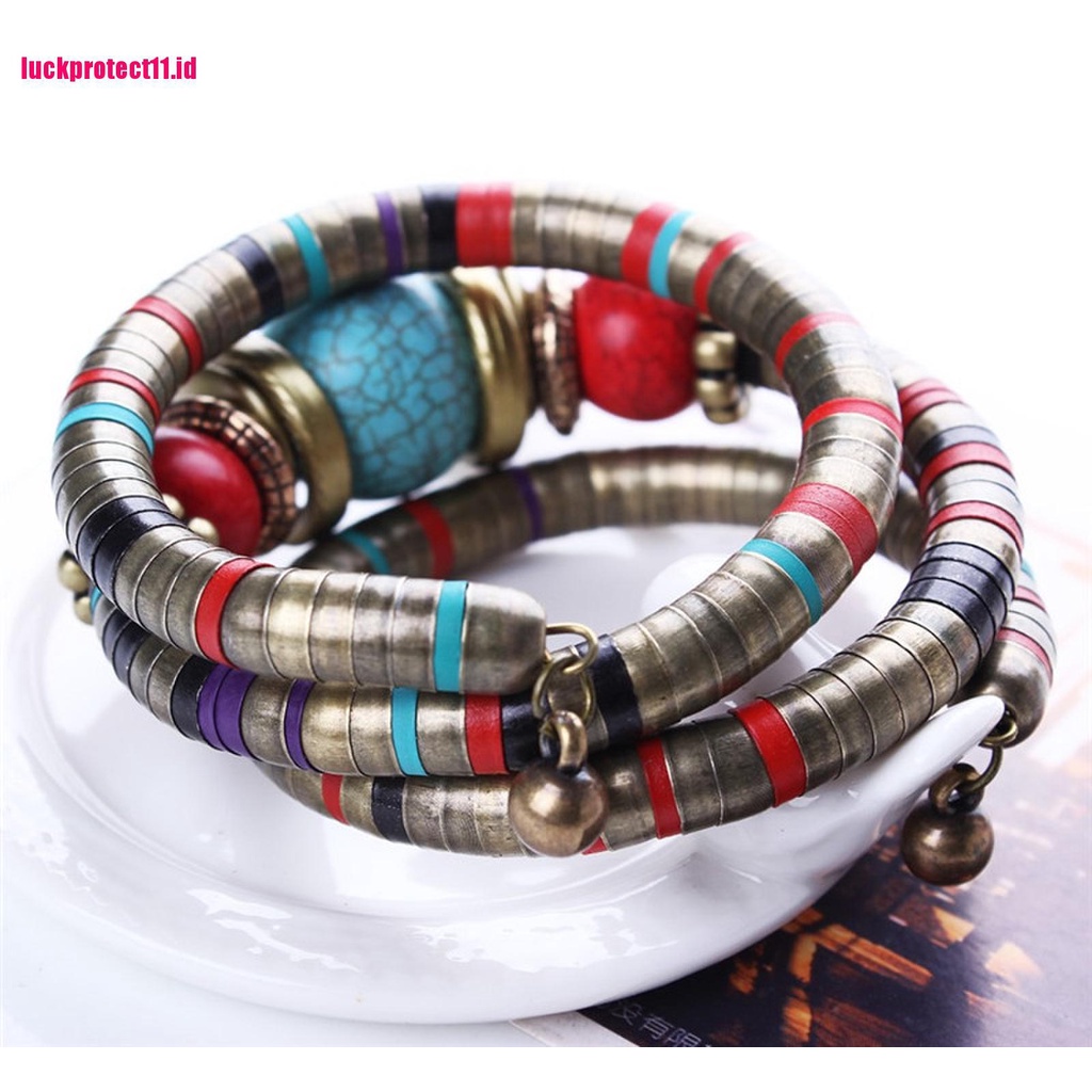 【LUCK】Women Silver Color Faux Turquoise Boho Adjust Bangles Charm Chic Beads Bracelets