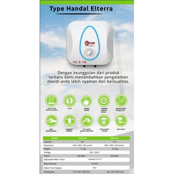 WATER HEATER HANDAL ELTERRA PEMANAS AIR LISTRIK ELTERRA 15GC 15LITER