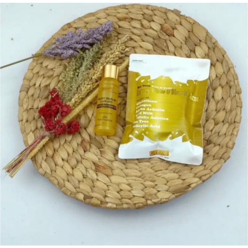 1PAKET LGLOW BAR SOAP LUXURY WHITE & BLEMISH ACNE/SERUM PEELING + SABUN PEMUTIH BADAN