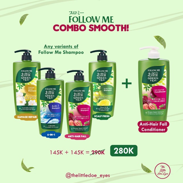 [READY] Combo Smooth (Follow Me Greentea Shampoo + Anti Hair Fall Conditioner)