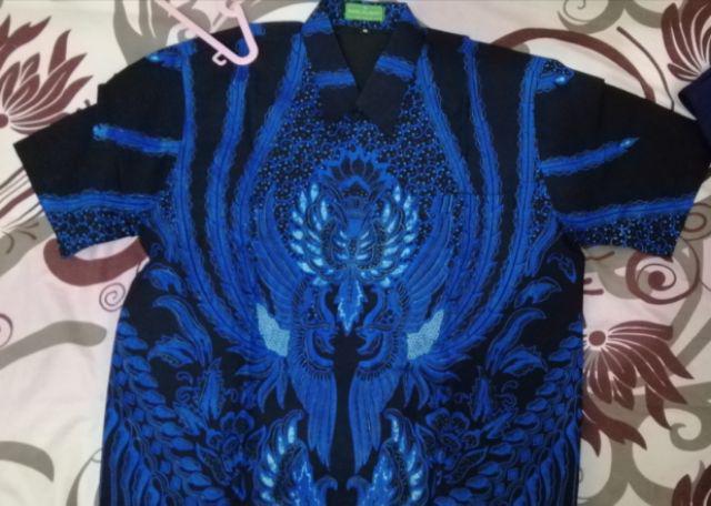 Manuk Peksi Biru Pendek Kemeja Batik Pria Full Furing Katun Primisima