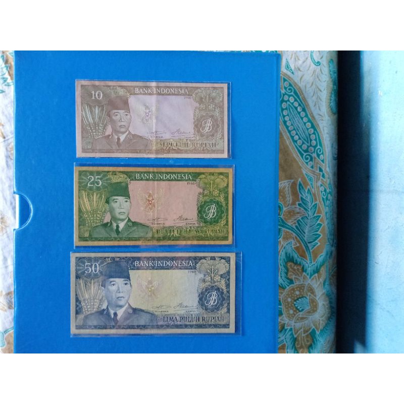 Set Soekarno 1960 10 Rupiah 25 Rupiah 50 Rupiah TDLR Grade Vf Plus