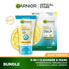 Garnier Bright Complete 3 in 1 Anti Acne Facial Wash | Clear Up Anti Acne Serum Mask | Masker Wajah (✔BPOM)