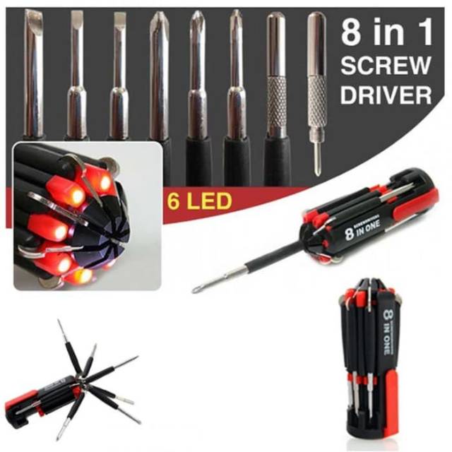 Obeng Lampu Senter Travel Multifungsi / Screwdriver 8in1 LED