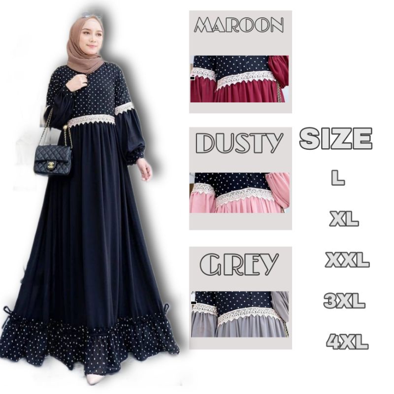 》PROMO《 Gamis Wanita Jumbo Polkadot Mix Renda SIZE L XL XXL 3XL 4XL LD 120 130 140 Gamis Trendy