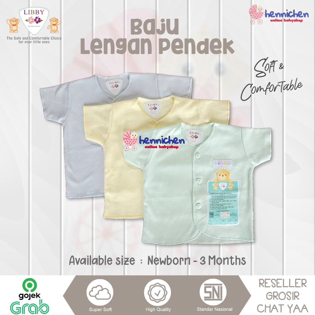 3 Pcs Baju libby Lengan Pendek Bayi/Baby Warna Newborn (0-3M)